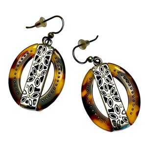Vintage Resin Tortoise Shell Earrings With Ornate Silver Tone